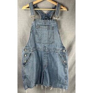 Gap Short Denim Overalls Women's Large Blue Jean Bibs Raw Hem Embroidery Detail
